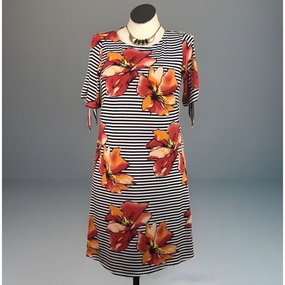 Perceptions Boho Dress Womens 8 Black Floral/Stripe Stretch Lightweight 3/4 SLV - Picture 1 of 10